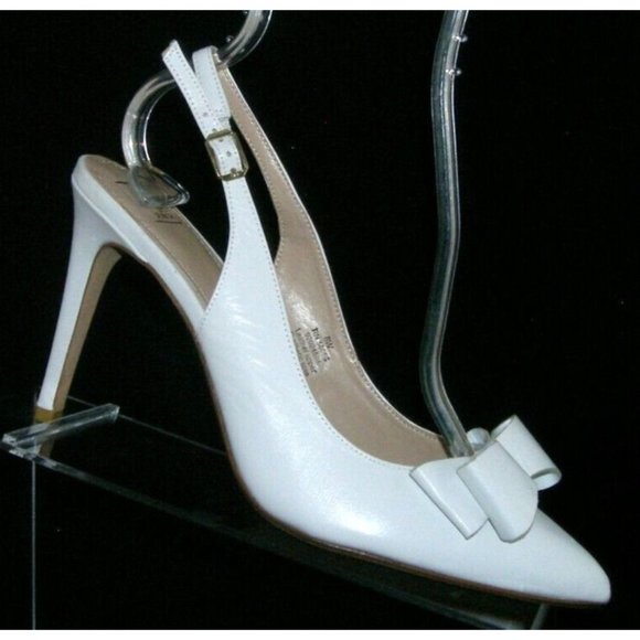 14th & Union Shoes - 14th & Union Patrice white leather pointed toe bow buckle slingback heels 8W